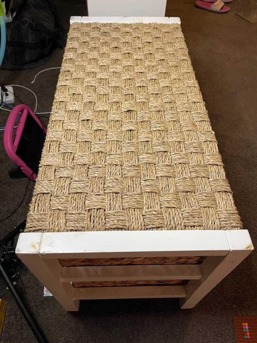 Storage Bench with 4 Wicker Baskets – White & Natural